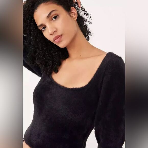 Free People Grunge Boho Moonbeam 3/4 Puff Sleeve Pullover Cropped Sweater Black - Picture 6 of 16